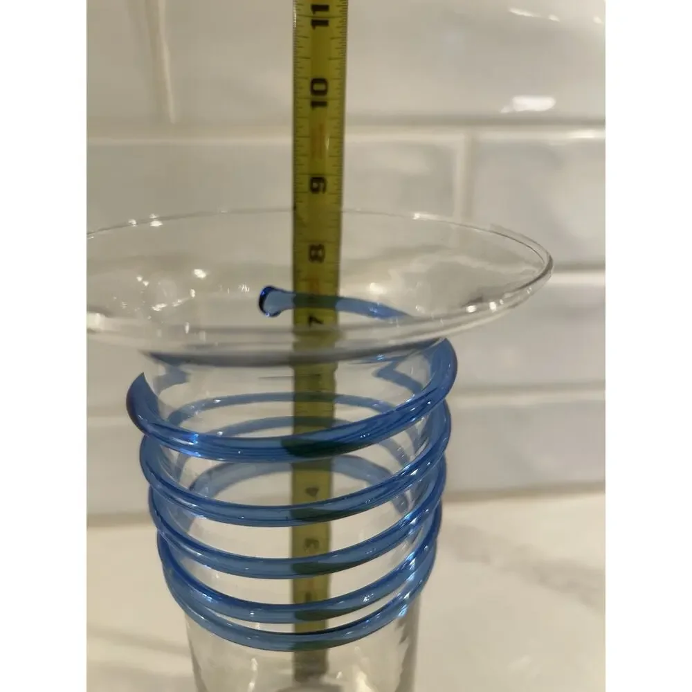 Vintage vase Applied Blue Swirl on Clear Glass Vase 8.75”‎ Art Glass